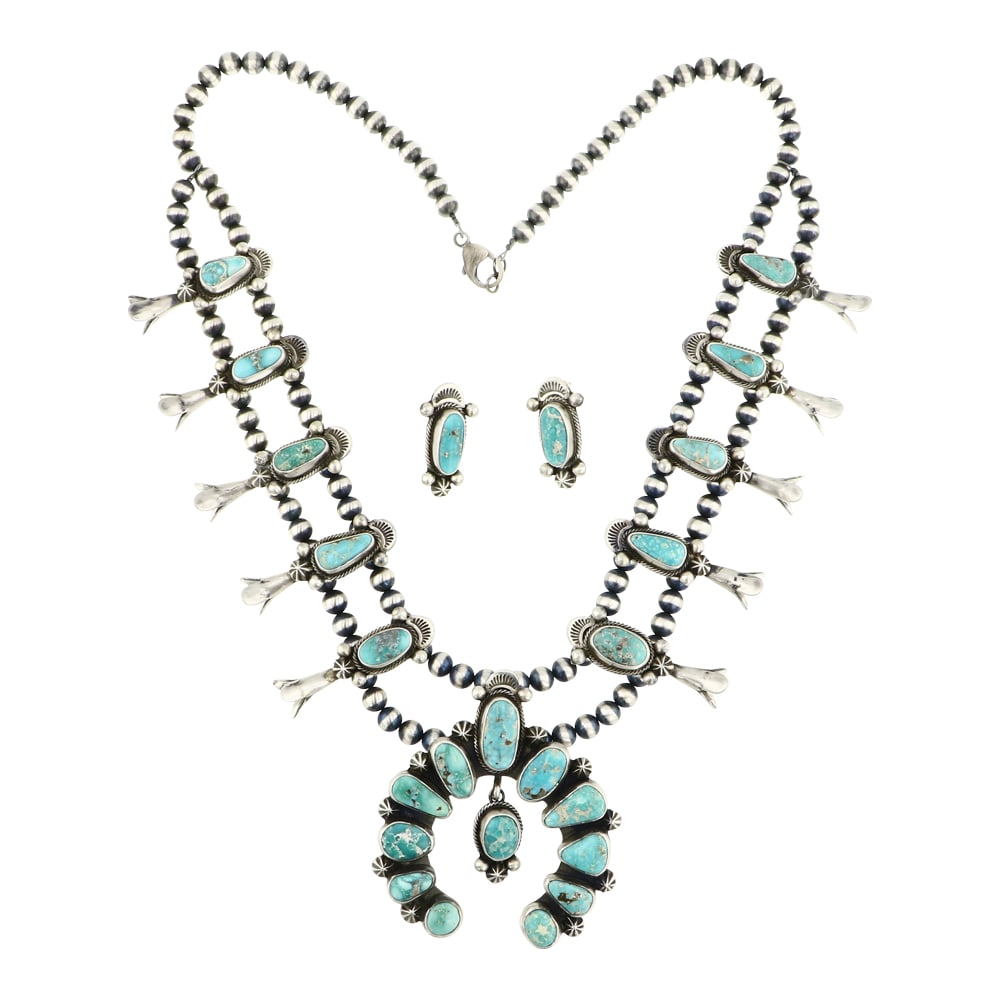 Darrin Livingston Whitewater Turquoise Squash Blossom Necklace & Earrings Set: Sterling Silver | Genuine Whitewater Turquoise | Darrin Livingston Whitewater Turquoise Squash Blossom Necklace & Earrings Set | Navajo Native American Southwest Indian Jewelry | Approximate Weight: 1
