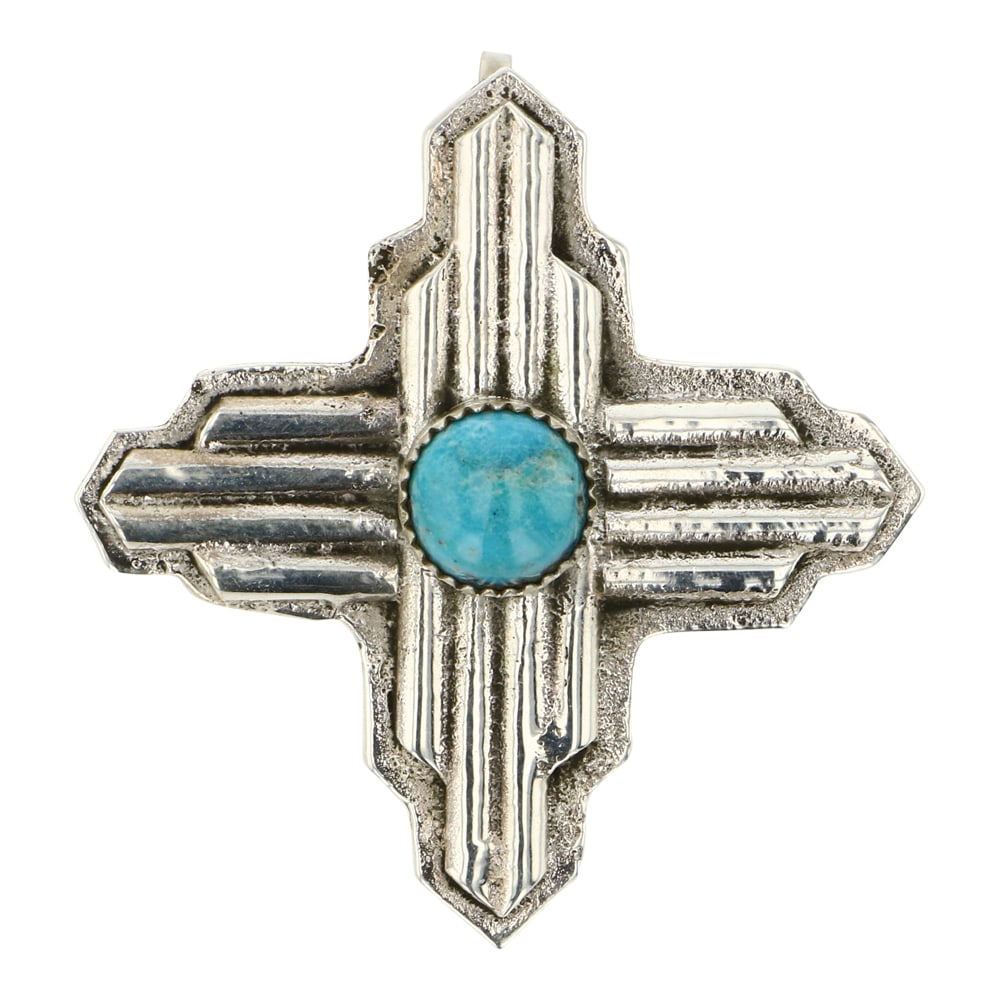 Navajo Sandcast Turquoise Zia Symbol Pin/Pendant: Sterling Silver | Genuine Turquoise | Navajo Sandcast Turquoise Zia Symbol Pin/Pendant | Navajo Native American Southwest Indian Jewelry | Approximate Weight: 27 Grams | Dimensions: Pendant: 2" x 2.25