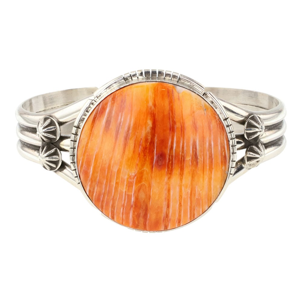 Navajo Spiny Oyster Round Cuff bracelet: Sterling Silver | Genuine Spiny Oyster | Navajo Spiny Oyster Round Cuff bracelet | Navajo Native American Southwest Indian Jewelry | Approximate Weight: 53 Grams | Dimensions: Bracelet: 6" inner, 1" g