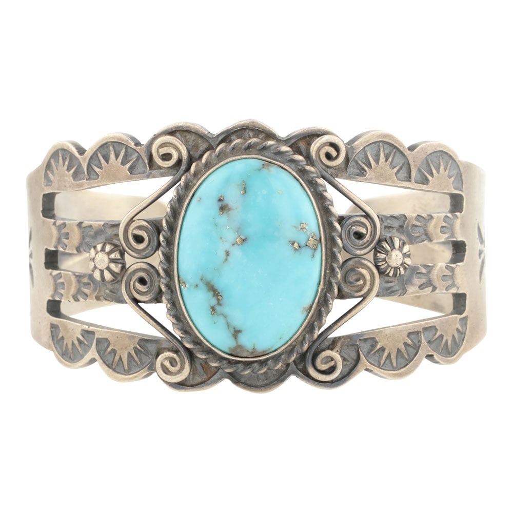 Robert Johnson Compitos Turquoise Cuff Bracelet: Sterling Silver | Genuine Compitos Turquoise | Robert Johnson Compitos Turquoise Cuff Bracelet | Navajo Native American Southwest Indian Jewelry | Approximate Weight: 67 Grams | Dimensions: Bracelet: