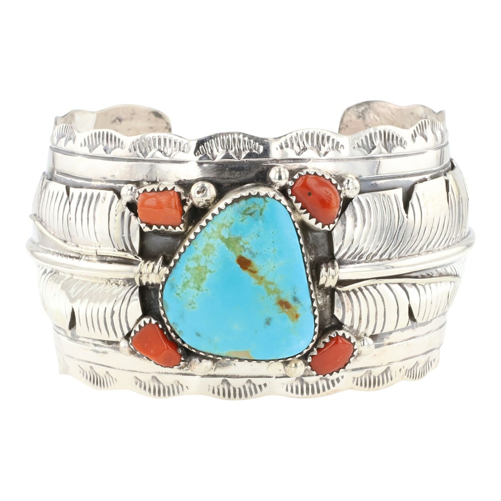 Michael Thomas Jr. Navajo Kingman Turquoise & Coral Leaf work Cuff Bracelet (1 of 3)