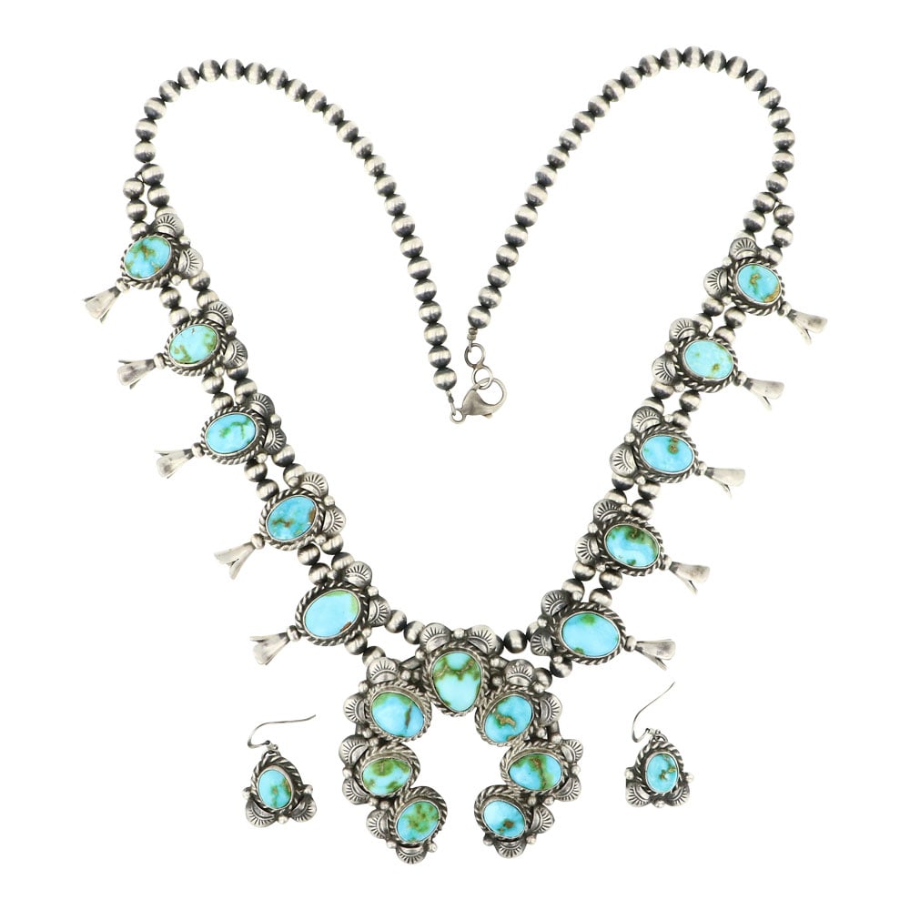 Vernon Kee Johnson Navajo Sonoran Mountain Turquoise Squash Blossom Necklace & Earrings Set (1 of 3)