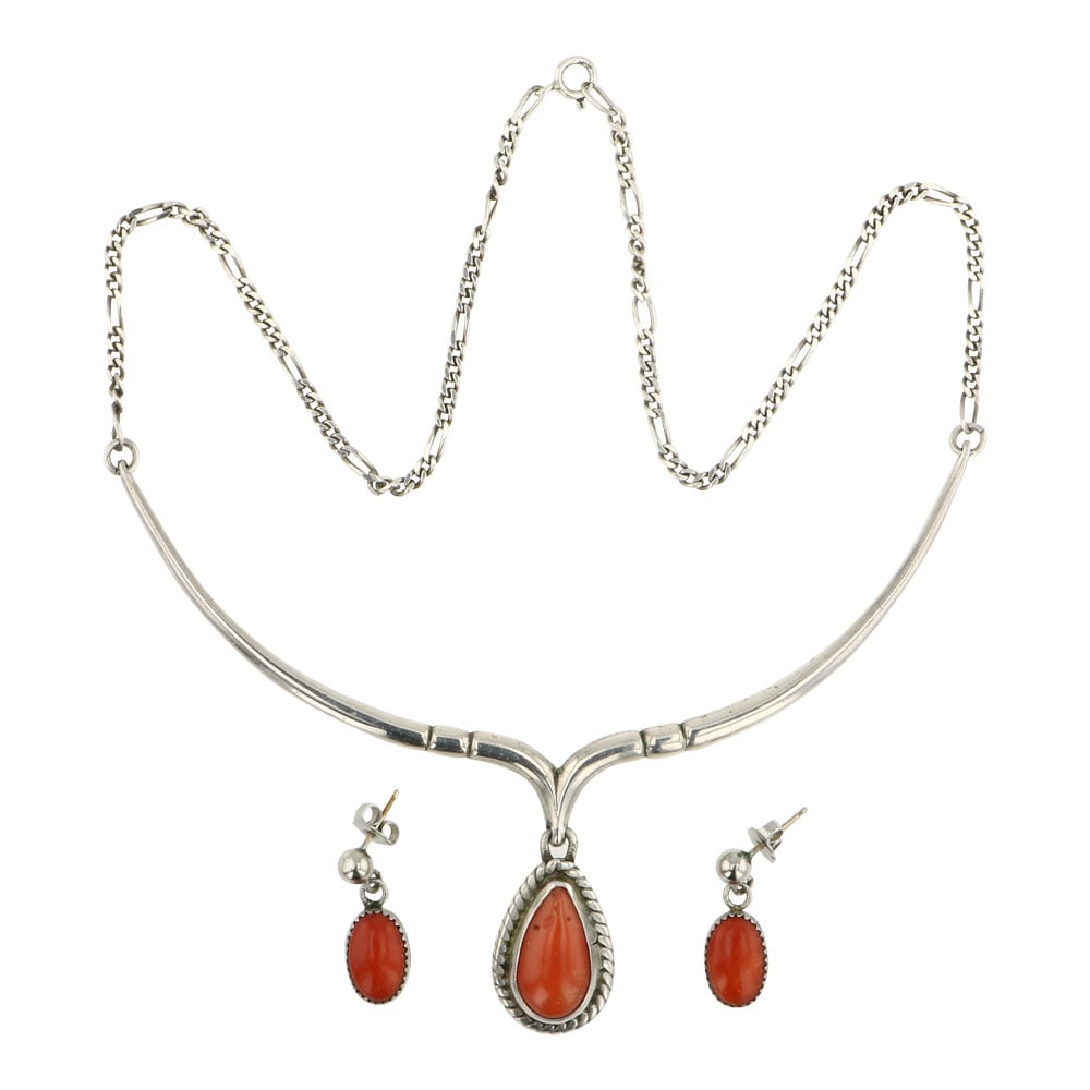 Joe H. Quintana Cochiti Vintage  Mediterranean Coral Necklace & Earrings Set (1 of 3)