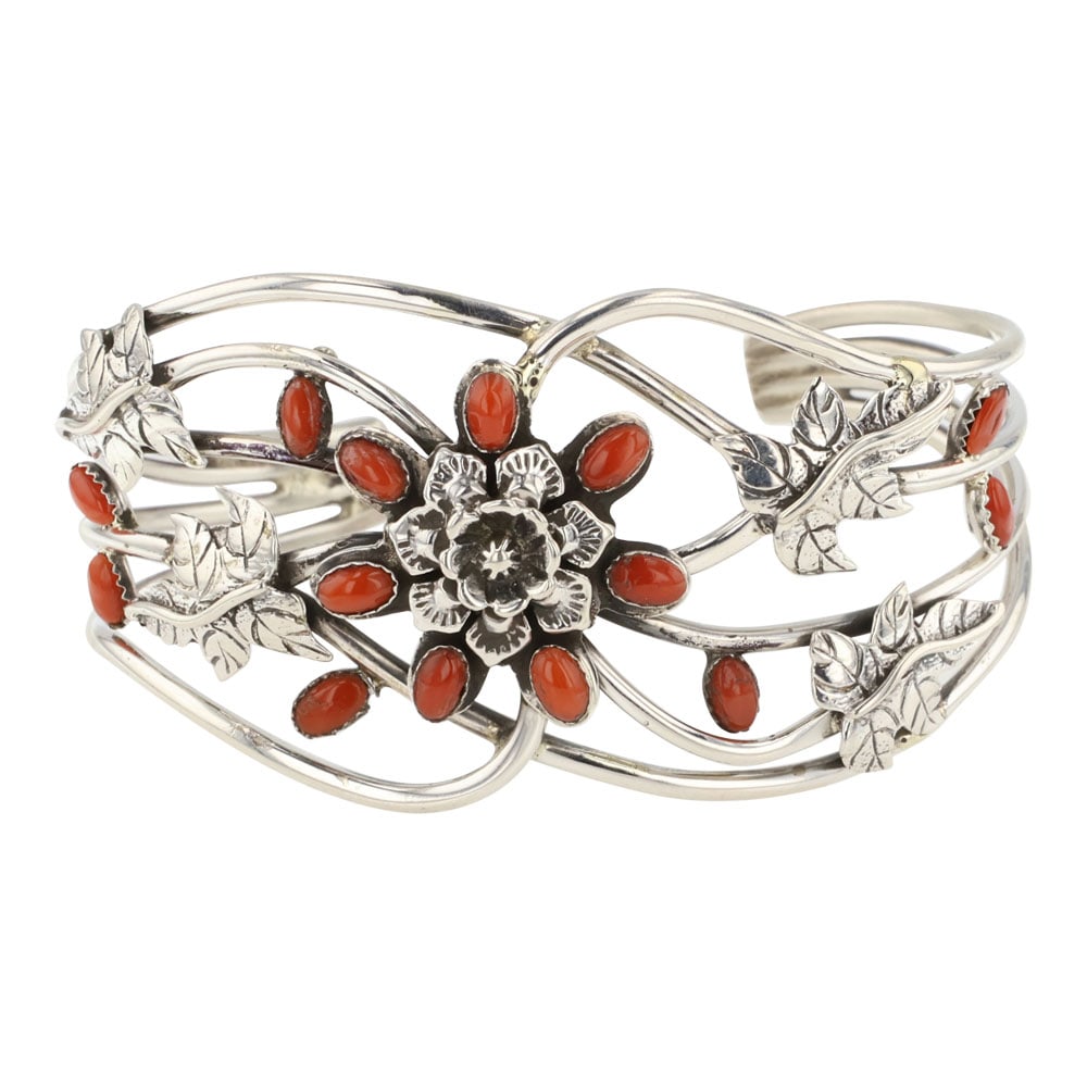 Navajo Mediterranean Coral Flower Cuff Bracelet (1 of 4)