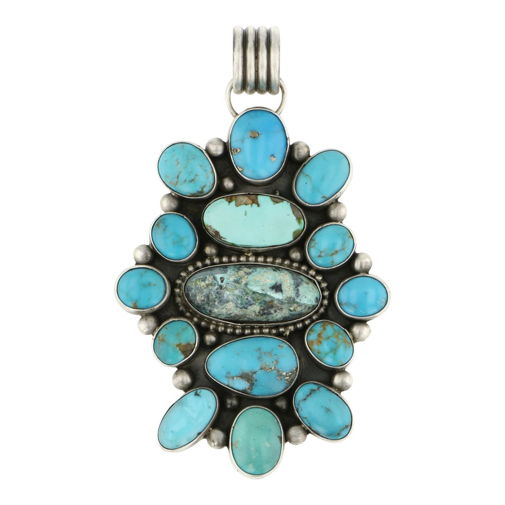 Beatty Tom Navajo Nevada Turquoise Pendant: Sterling Silver | Genuine Nevada Turquoise | Beatty Tom Navajo Nevada Turquoise Pendant | Navajo Native American Southwest Indian Jewelry | Approximate Weight: 61 Grams | Dimensions: Pendant: 2.5" x 4