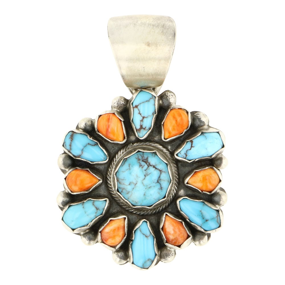 Louise Jim Navajo Egyptian Turquoise & Spiny Oyster Pendant: Sterling Silver | Genuine Egyptian Turquoise & Spiny Oyster | Louise Jim Navajo Egyptian Turquoise & Spiny Oyster Pendant | Navajo Native American Southwest Indian Jewelry | Approximate Weight: 24 Gra