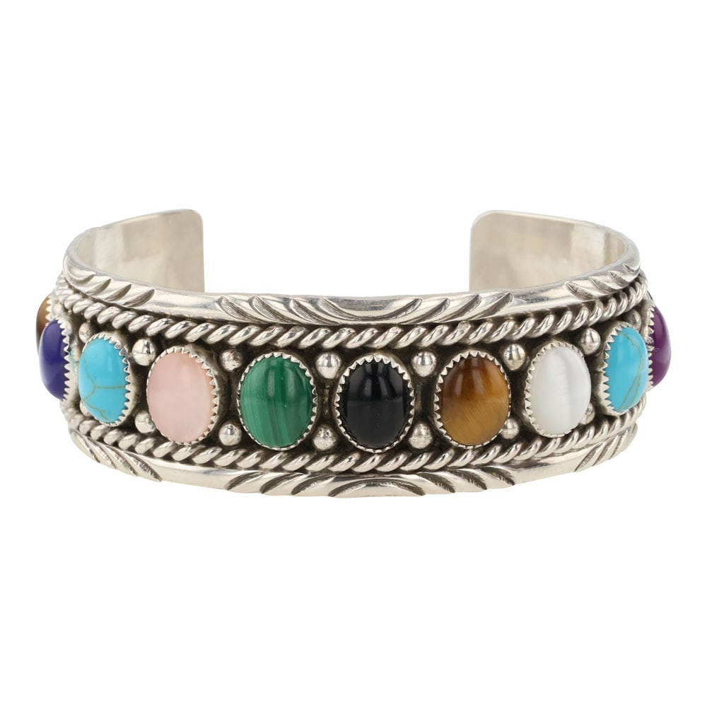 Chris Charley Navajo Multi Color Block Stone Row Cuff Bracelet (1 of 4)