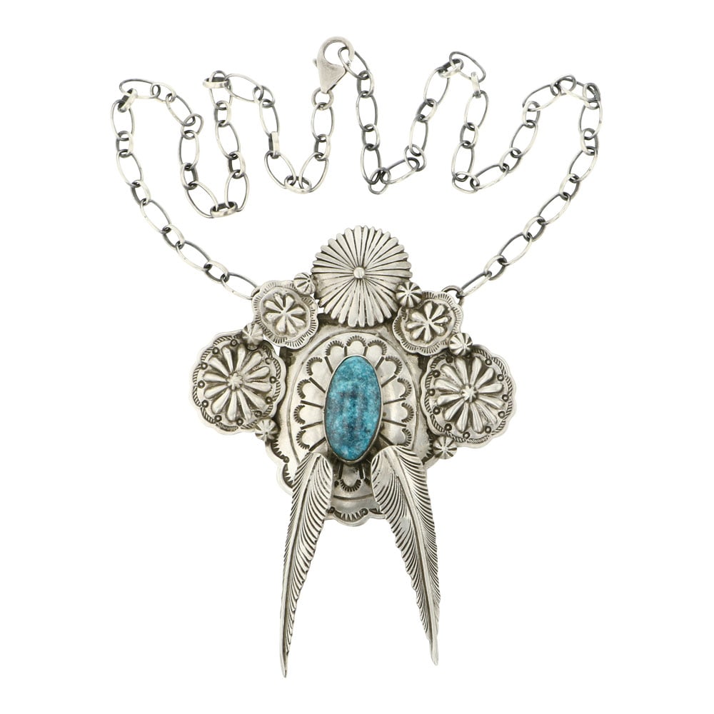 Lorenzo James Navajo Kingman Turquoise Necklace: Sterling Silver | Genuine Kingman Turquoise | Lorenzo James Navajo Kingman Turquoise Necklace | Navajo Native American Southwest Indian Jewelry | Approximate Weight: 58 Grams | Dimensions: Necklace: 1