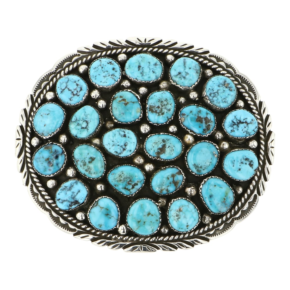 Dan White Goat Navajo Kingman Turquoise Belt Buckle: Sterling Silver | Genuine Kingman Turquoise | Dan White Goat Navajo Kingman Turquoise Belt Buckle | Navajo Native American Southwest Indian Jewelry | Approximate Weight: 59 Grams | Dimensions: Buckle: