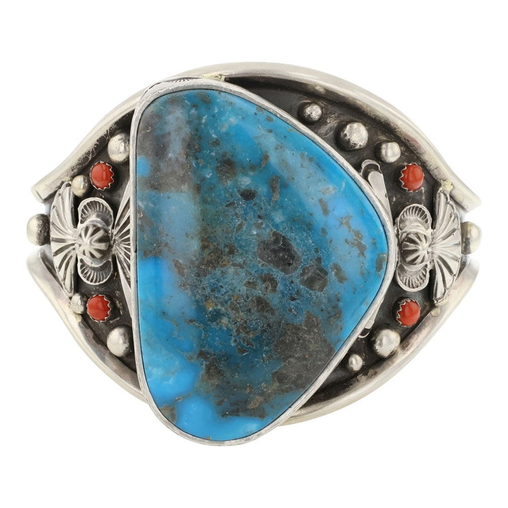 Lorenzo James Nacozari Turquoise & Coral Cuff Bracelet: Sterling Silver | Genuine Nacozari Turquoise | Lorenzo James Nacozari Turquoise & Coral Cuff Bracelet | Navajo Native American Southwest Indian Jewelry | Approximate Weight: 113 Grams | Dimensions: Br