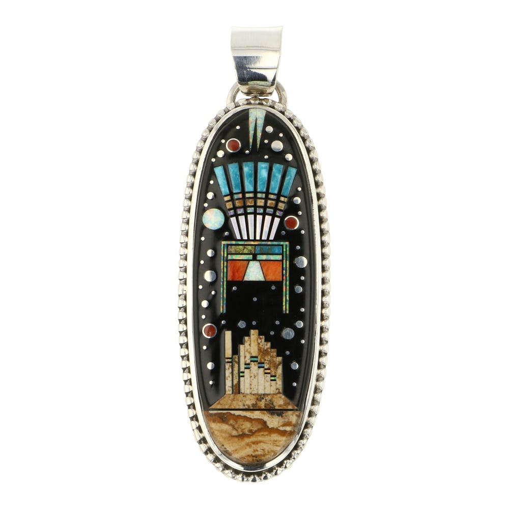 Mathew Jack Navajo Turquoise Coral Acoma Jet Spiny Oyster & Synthetic Opal Micro Inlay Pendant (1 of 2)