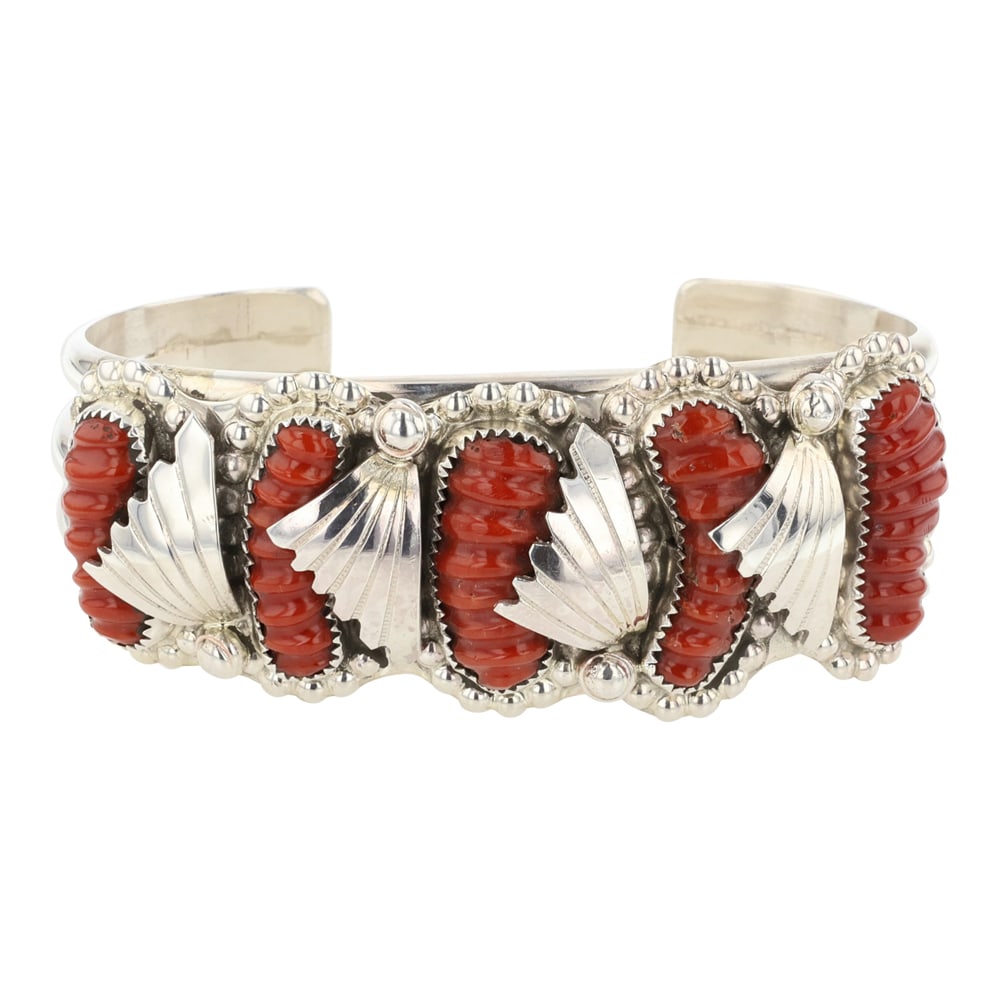 Lyolita Tsattie Zuni Mediterranean Carved Coral Cuff Bracelet: Sterling Silver | Genuine Mediterranean Coral | Lyolita Tsattie Zuni Mediterranean Carved Coral Cuff Bracelet | Zuni Native American Southwest Indian Jewelry | Approximate Weight: 58 Grams | Dimension