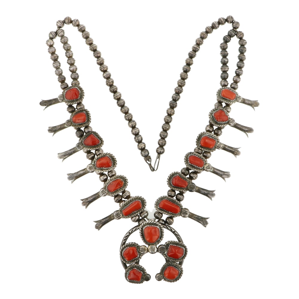 Old Pawn Circa 1960's Mediterranean Coral Squash Blossom Necklace: Sterling Silver | Genuine Mediterranean Coral | Old Pawn Circa 1960's Mediterranean Coral Squash Blossom Necklace | Navajo Native American Southwest Indian Jewelry | Approximate Weight: 111 Grams | Di