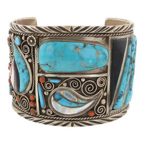 Wilford Begay Old Pawn Navajo Turquoise Coral Jet Black & Mother of Pearl With Shell Inlay Stonework (1 of 4)