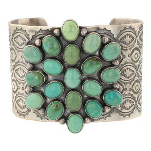 Danny Clark Nevada Green Turquoise: Sterling Silver | Genuine Nevada Turquoise | Danny Clark Nevada Green Turquoise | Navajo Native American Southwest Indian Jewelry | Approximate Weight: 125 Grams | Dimensions: Bracelet: 5.75"