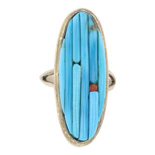 Pete Sierra Navajo Turquoise & Coral Cobblestone Inlay Ring: Sterling Silver | Genuine Turquoise & Coral | Pete Sierra Navajo Turquoise & Coral Cobblestone Inlay Ring | Navajo Native American Southwest Indian Jewelry | Approximate Weight: 7 Grams |