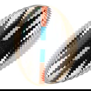 Charlotte Dishta Zuni Turquoise Coral Mother of Pearl & Jet Black Inlay Men's Ring: Sterling Silver | Genuine Turquoise, Coral, Mother of Pearl & Jet Black | Charlotte Dishta Zuni Turquoise Coral Mother of Pearl & Jet Black Inlay Men's Ring | Zuni Native American Southwest Indian Jew