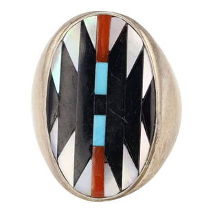 Charlotte Dishta Zuni Turquoise Coral Mother of Pearl & Jet Black Inlay Men's Ring: Sterling Silver | Genuine Turquoise, Coral, Mother of Pearl & Jet Black | Charlotte Dishta Zuni Turquoise Coral Mother of Pearl & Jet Black Inlay Men's Ring | Zuni Native American Southwest Indian Jew