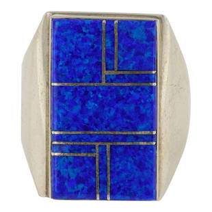 Wilbert Grey Navajo Synthetic Opal Inlay Men's Ring: Sterling Silver | | Wilbert Grey Navajo Synthetic Opal Inlay Men's Ring | Navajo Native American Southwest Indian Jewelry | Approximate Weight: 18 Grams | Dimensions: Ring: 10.25 size, 1" face width |