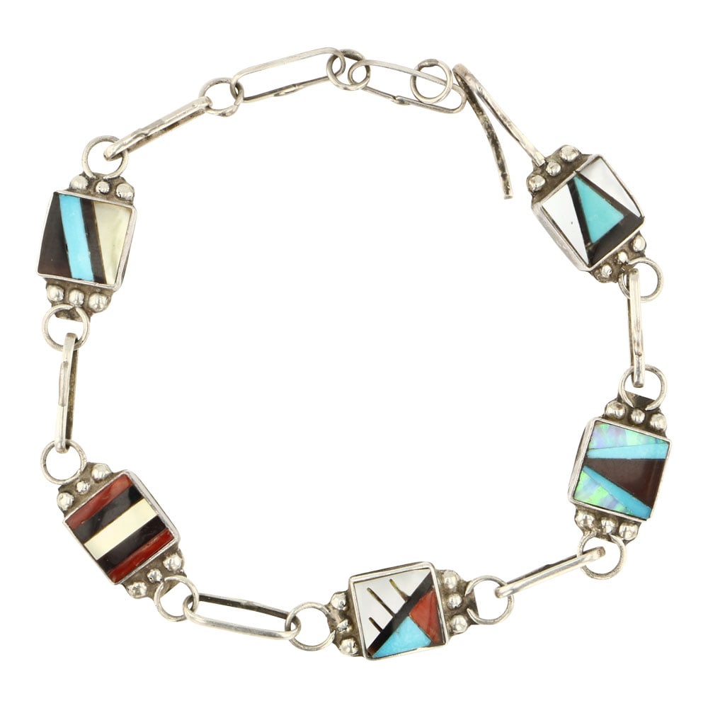 Vintage Zuni Turquoise Coral Jet Mother of Pearl & Shell Inlay Link Bracelet (1 of 2)