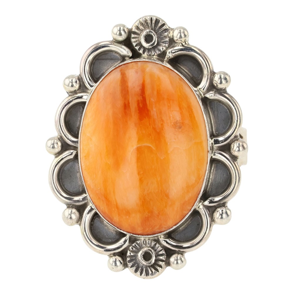 Ella Linkin Navajo Spiny Oyster Ring: Sterling Silver | Genuine Spiny Oyster | Ella Linkin Navajo Spiny Oyster Ring | Navajo Native American Southwest Indian Jewelry | Approximate Weight: 9 Grams | Dimensions: Ring: 10.25 size, 1.25" face
