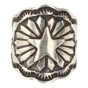 Navajo Plain Silver Stamp-Work Ring: Sterling Silver | | Navajo Plain Silver Stamp-Work Ring | Navajo Native American Southwest Indian Jewelry | Approximate Weight: 14 Grams | Dimensions: Ring: 11.5 size, 1" face width | Signed: Sunshine