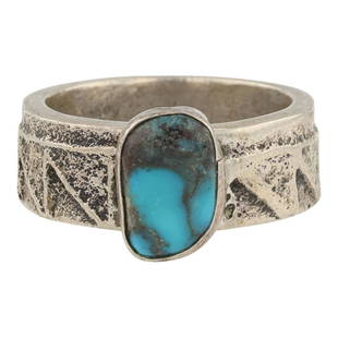 Navajo Tufa Cast Bisbee Turquoise Ring: Sterling Silver | Genuine Bisbee Turquoise | Navajo Tufa Cast Bisbee Turquoise Ring | Navajo Native American Southwest Indian Jewelry | Approximate Weight: 15 Grams | Dimensions: Ring: 11.25 size,