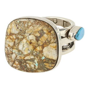 Abraham Peina Boulder & Kingman Turquoise Contemporary Ring: Sterling Silver | Genuine Boulder & Kingman Turquoise | Abraham Peina Boulder & Kingman Turquoise Contemporary Ring | Navajo Native American Southwest Indian Jewelry | Approximate Weight: 27 Grams