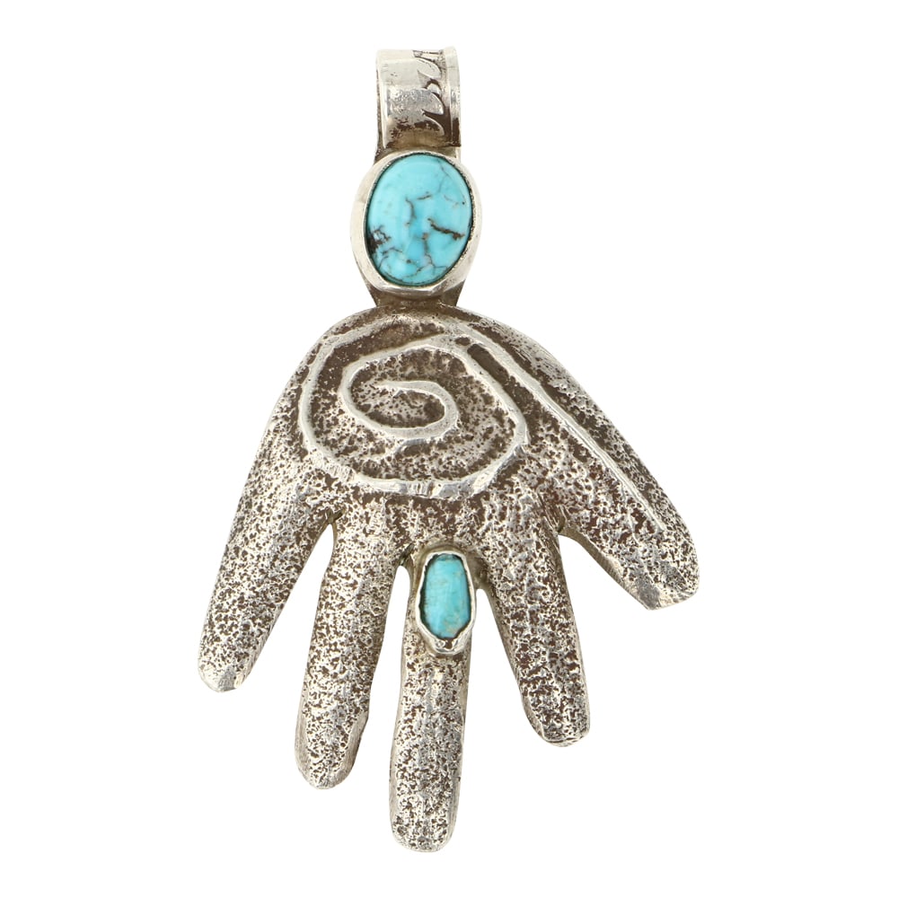 Leo Coriz Kingman Turquoise Pendant: Sterling Silver | Genuine Kingman Turquoise | Leo Coriz Kingman Turquoise Pendant | Kewa Pueblo Native American Southwest Indian Jewelry | Approximate Weight: 16 Grams | Dimensions: Pendant: 1.25" x 2