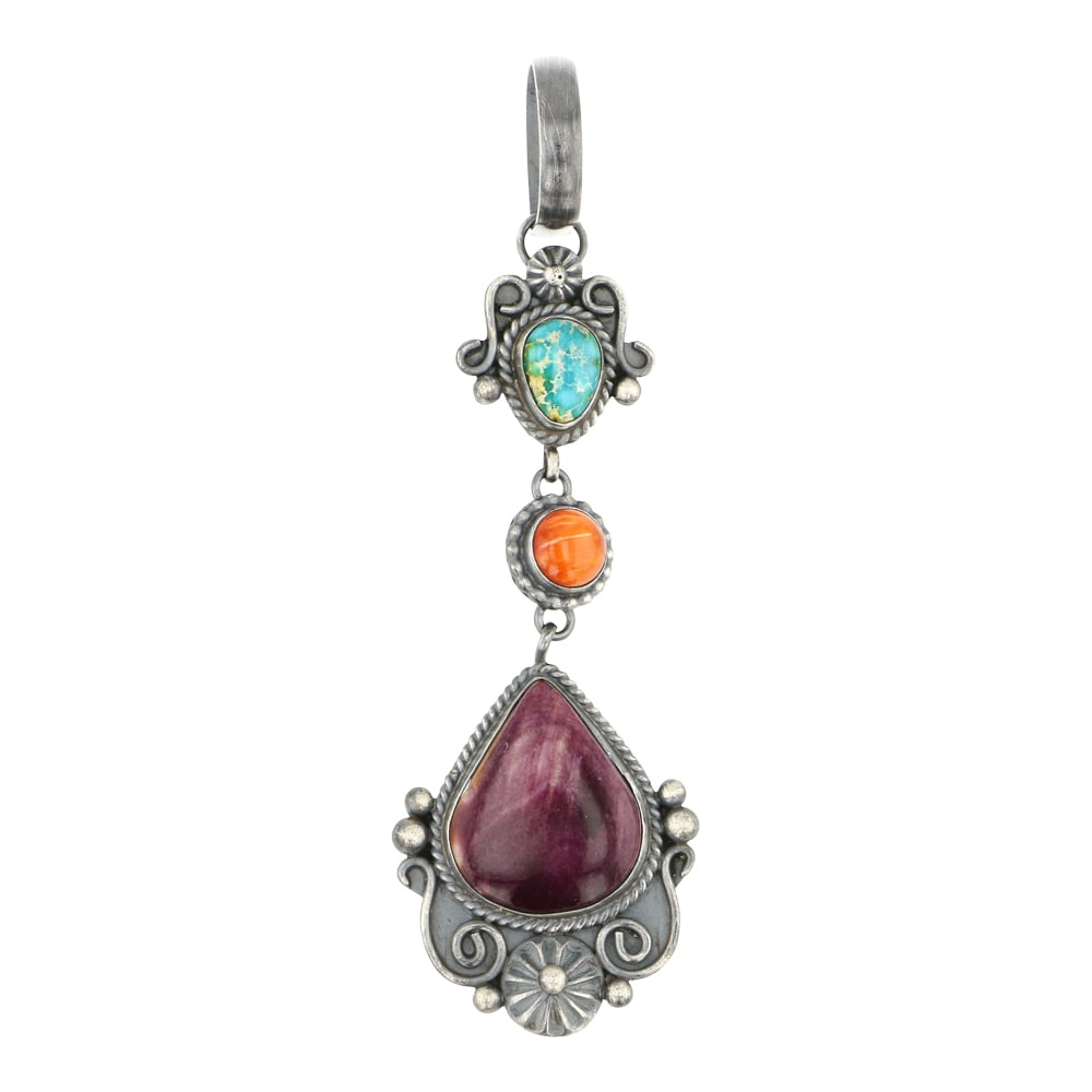Ella Linkin Navajo Sonoran Gold Turquoise Spiny Oyster Pendant: Sterling Silver | Genuine Sonoran Gold Turquoise Purple & Orange Spiny Oyster | Ella Linkin Navajo Sonoran Gold Turquoise Spiny Oyster Pendant | Navajo Native American Southwest Indian Jewelry | Appro