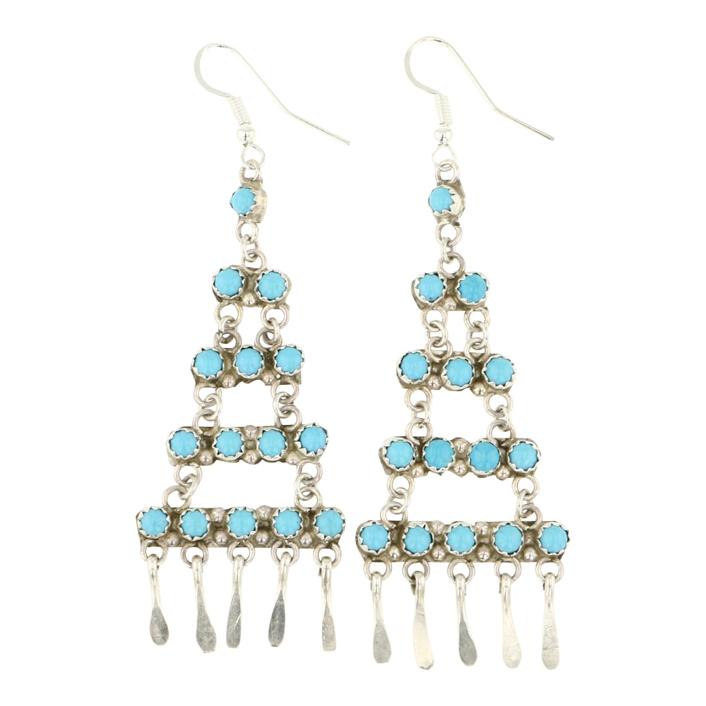 Zuni Kingman Turquoise Chandelier Earrings: Sterling Silver | Genuine Kingman Turquoise | Zuni Kingman Turquoise Chandelier Earrings | Zuni Native American Southwest Indian Jewelry | Approximate Weight: 9 Grams | Dimensions: Earrings: 1" x 3.5"
