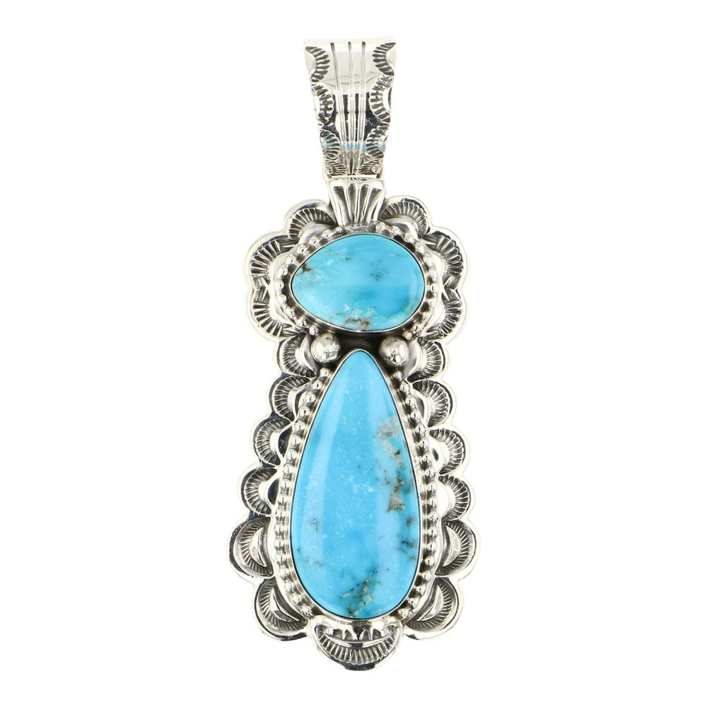 Ella Linkin Blue Ridge Turquoise Pendant: Sterling Silver | Genuine Blue Ridge Turquoise | Ella Linkin Blue Ridge Turquoise Pendant | Navajo Native American Southwest Indian Jewelry | Approximate Weight: 23 Grams | Dimensions: Pendant: 1" x 3