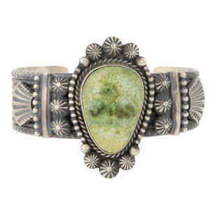 Michael Calladito Navajo Emerald Valley Turquoise Cuff Bracelet: Sterling Silver | Genuine Emerald Valley Turquoise | Michael Calladito Navajo Emerald Valley Turquoise Cuff Bracelet | Navajo Native American Southwest Indian Jewelry | Approximate Weight: 99 Grams |