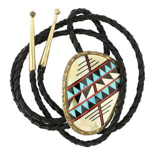 Zuni Turquoise Coral Jet Black & Shell Inlay Bolo Tie: Sterling Silver | Genuine Turquoise, Coral, Jet Black & Shell | Zuni Turquoise Coral Jet Black & Shell Inlay Bolo Tie | Zuni Native American Southwest Indian Jewelry | Approximate Weight: 41 Grams | D