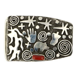 Alex Sanchez Navajo Mediterranean Coral Petroglyph Belt Buckle: Sterling Silver | Genuine Mediterranean Coral | Alex Sanchez Navajo Mediterranean Coral Petroglyph Belt Buckle | Navajo Native American Southwest Indian Jewelry | Approximate Weight: 63 Grams | Dimens