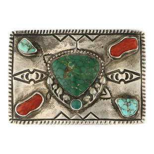 Vintage Navajo Turquoise & Coral Belt Buckle: Sterling Silver | Genuine Turquoise & Coral | Vintage Navajo Turquoise & Coral Belt Buckle | Navajo Native American Southwest Indian Jewelry | Approximate Weight: 85 Grams | Dimensions: Buckle: 3.5" x