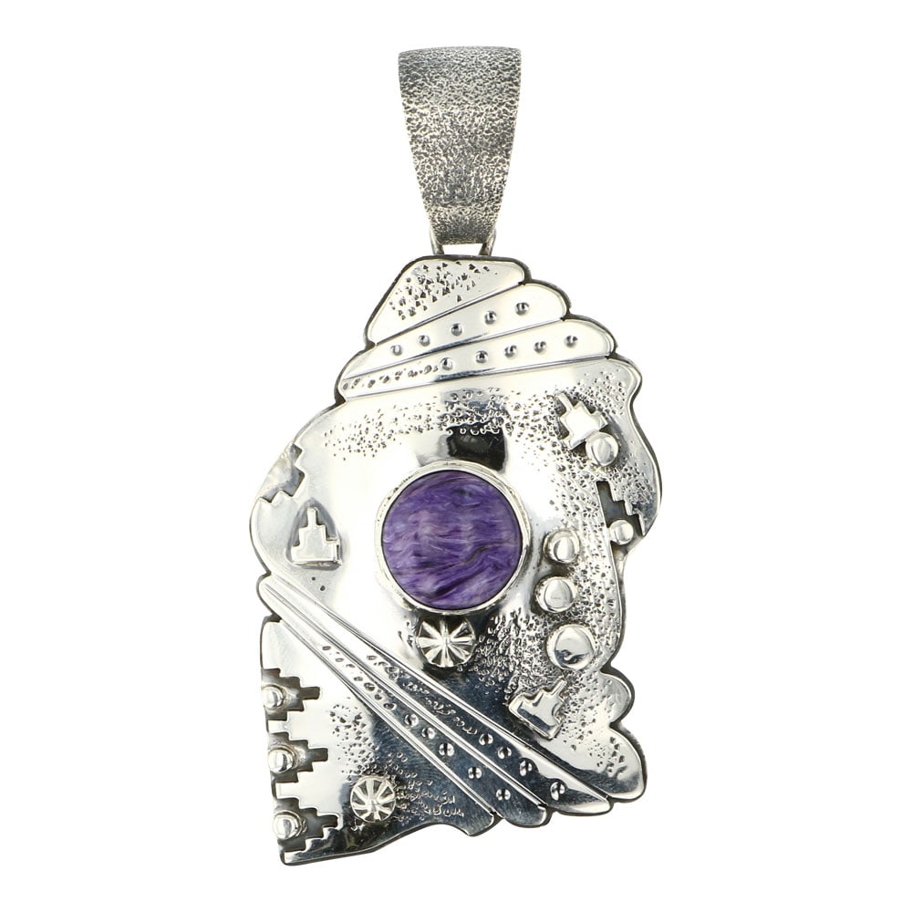 Marita Benally Navajo Charoite Pendant: Sterling Silver | Genuine Charoite | Marita Benally Navajo Charoite Pendant | Navajo Native American Southwest Indian Jewelry | Approximate Weight: 46 Grams | Dimensions: Pendant: 1.75" x 3.5" | Signe