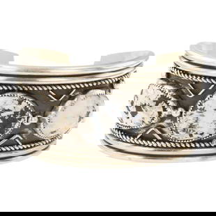 Rodger Skeet Navajo White Buffalo Cuff Bracelet: Sterling Silver | Genuine White Buffalo | Rodger Skeet Navajo White Buffalo Cuff Bracelet | Navajo Native American Southwest Indian Jewelry | Approximate Weight: 95 Grams | Dimensions: Bracelet: 6" in