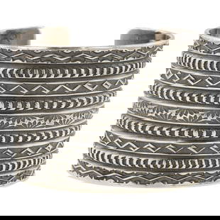 Sunshine Reeves Navajo Plain Silver Fine Stamp-Work Wide Cuff Bracelet: Sterling Silver | | Sunshine Reeves Navajo Plain Silver Fine Stamp-Work Wide Cuff Bracelet | Navajo Native American Southwest Indian Jewelry | Approximate Weight: 93 Grams | Dimensions: Bracelet: 5.5"