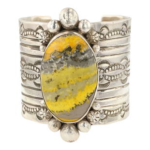 Damian Cotton Navajo Bumble Bee Jasper Cuff Bracelet: Sterling Silver | Genuine Bumble Bee Jasper | Damian Cotton Navajo Bumble Bee Jasper Cuff Bracelet | Navajo Native American Southwest Indian Jewelry | Approximate Weight: 204 Grams | Dimensions: Brace