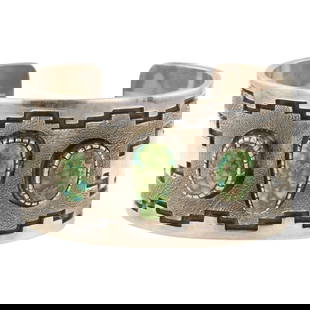 Danny Clark Navajo Sonoran Gold Turquoise Etch Work Cuff Bracelet: Sterling Silver | Genuine Sonoran Gold Turquoise | Danny Clark Navajo Sonoran Gold Turquoise Etch Work Cuff Bracelet | Navajo Native American Southwest Indian Jewelry | Approximate Weight: 107 Grams |