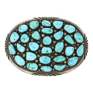 Vintage Navajo Kingman Nugget Turquoise Belt Buckle: Sterling Silver | Genuine Kingman Nugget Turquoise | Vintage Navajo Kingman Nugget Turquoise Belt Buckle | Navajo Native American Southwest Indian Jewelry | Approximate Weight: 133 Grams | Dimensions: