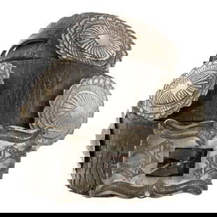 Old Pawn Navajo Plain Silver Concho belt: Sterling Silver | | Old Pawn Navajo Plain Silver Concho belt | Navajo Native American Southwest Indian Jewelry | Approximate Weight: 281 Grams | Dimensions: Belt: 33" length, 2.75" x 2" buckle, 2.5" x