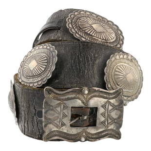 Old Pawn Navajo Plain Silver Concho belt: Sterling Silver | | Old Pawn Navajo Plain Silver Concho belt | Navajo Native American Southwest Indian Jewelry | Approximate Weight: 281 Grams | Dimensions: Belt: 33" length, 2.75" x 2" buckle, 2.5" x