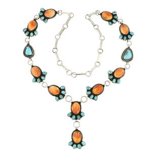 Hemerson Brown Navajo Turquoise & Spiny Oyster Lariat Necklace: Sterling Silver | Genuine Turquoise & Spiny Oyster | Hemerson Brown Navajo Turquoise & Spiny Oyster Lariat Necklace | Navajo Native American Southwest Indian Jewelry | Approximate Weight: 117 Grams |