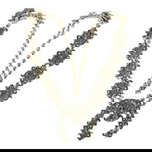 Old Pawn Zuni Nevada Turquoise Petit Point Squash Blossom Necklace: Sterling Silver | Genuine Nevada Turquoise | Old Pawn Zuni Nevada Turquoise Petit Point Squash Blossom Necklace | Navajo Native American Southwest Indian Jewelry | Approximate Weight: 142 Grams | Dime