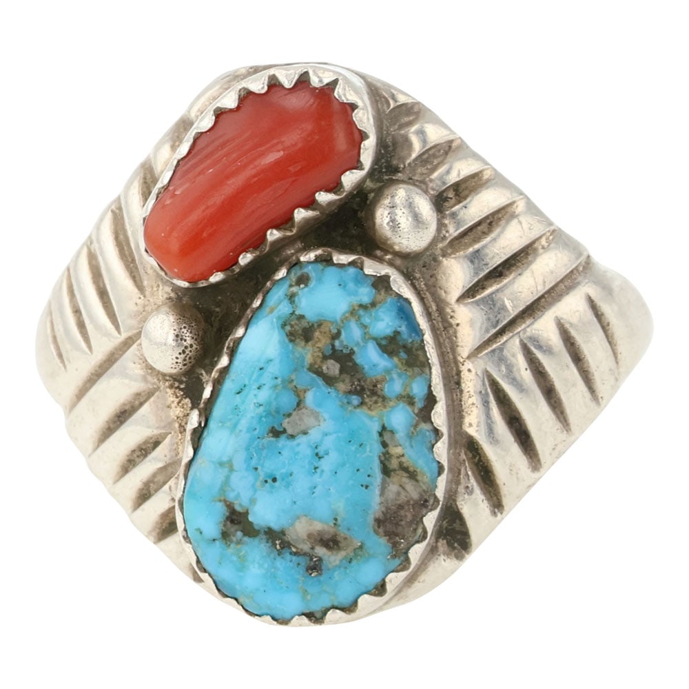 Vintage Navajo Turquoise & Coral Men's Ring (1 of 3)
