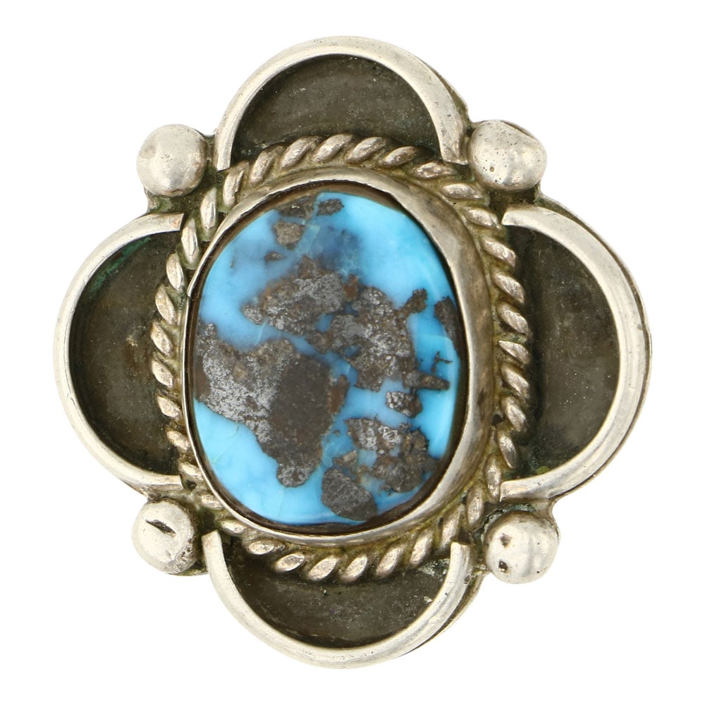 Vintage Navajo Morenci Turquoise Pin: Sterling Silver | Genuine Morenci Turquoise | Vintage Navajo Morenci Turquoise Pin | Navajo Native American Southwest Indian Jewelry | Approximate Weight: 11 Grams | Dimensions: Pin: 1.25" x 1.25" | S