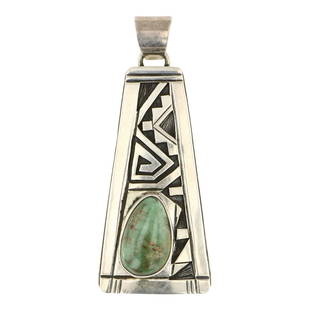 Peter Nelson Emerald Valley Turquoise Pendant: Sterling Silver | Genuine Emerald Valley Turquoise | Peter Nelson Emerald Valley Turquoise Pendant | Navajo Native American Southwest Indian Jewelry | Approximate Weight: 17 Grams | Dimensions: Pendan