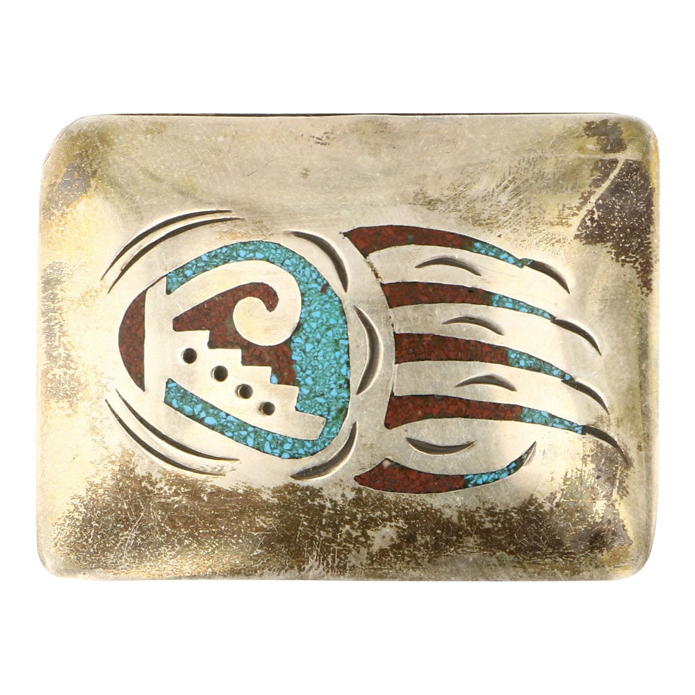 Vintage Navajo Turquoise & Coral Chip Inlay Bear Paw Belt Buckle: Sterling Silver | Genuine Turquoise & Coral | Vintage Navajo Turquoise & Coral Chip Inlay Bear Paw Belt Buckle | Navajo Native American Southwest Indian Jewelry | Approximate Weight: 17 Grams | Dimens